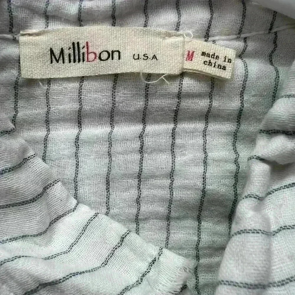 Millibon Long Sleeve ButtonUp W/ Blue Grey Stripes Gauze Textured Frayed Bottom - Picture 8 of 10